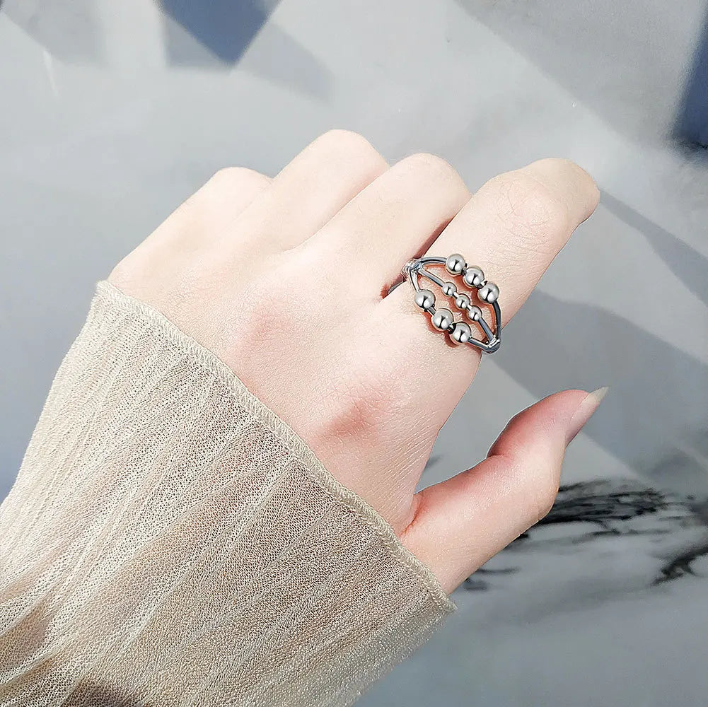 Vintage Round Beads Rotating Anti Stress Ring For Women Twisted Fidget Metal Spinner Anxiety Relief Spinning Ring Bague Femme