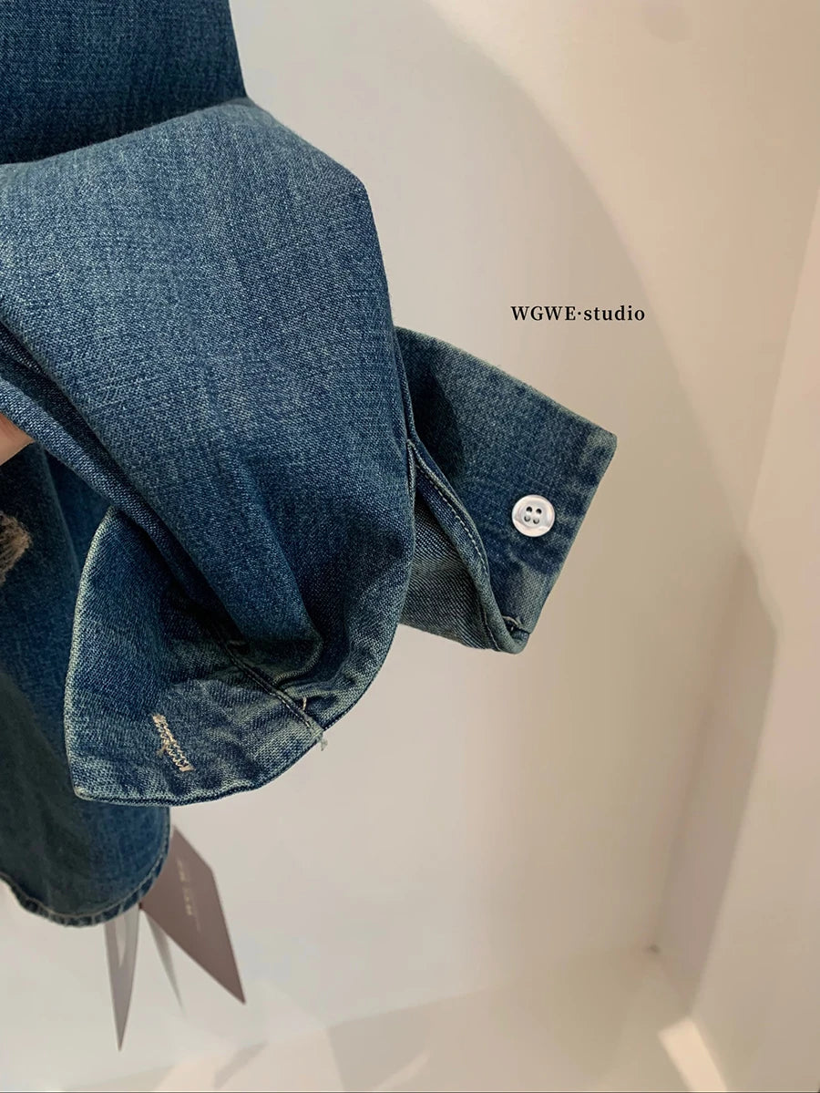 Retro Washed Denim Shirt with  Logo Classic Preppy Style Long Sleeve Women's Casual Fashion Autumn Season Button Closure