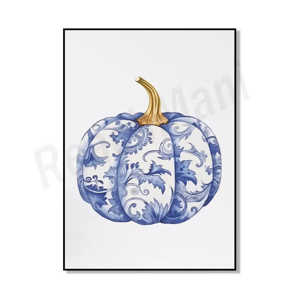 Chinoiserie Pumpkin Art, Hamptons Style Fall Aesthetic Fall Painting, Blue and White Porcelain Wall Art Canvas Print Poster