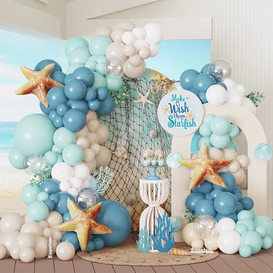 127Pcs Starfish Themed Balloon Garland Kit Beach White Twilight Blue Latex Balloon Ocean Hawaii Birthday Baby Shower Party Decor
