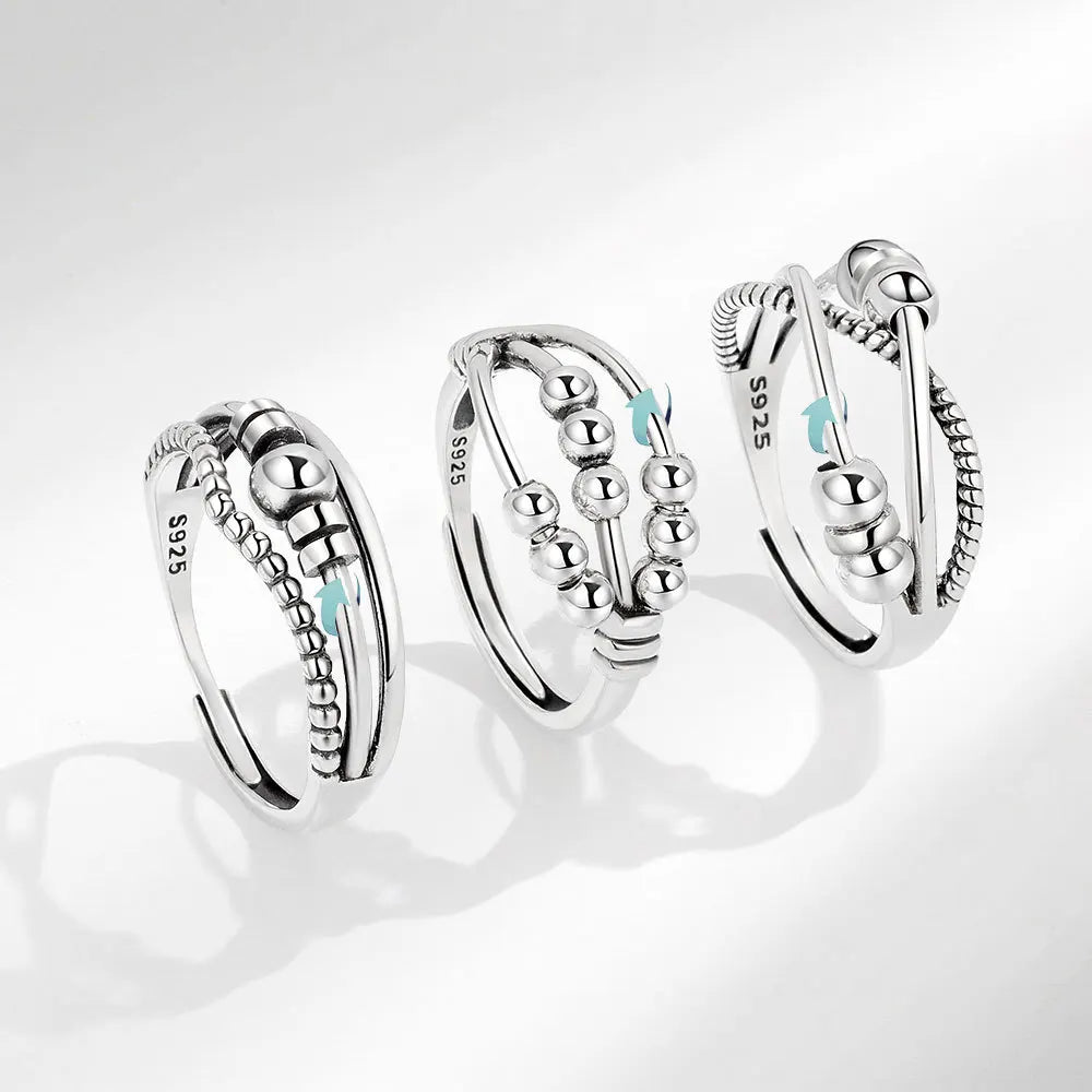 Vintage Round Beads Rotating Anti Stress Ring For Women Twisted Fidget Metal Spinner Anxiety Relief Spinning Ring Bague Femme