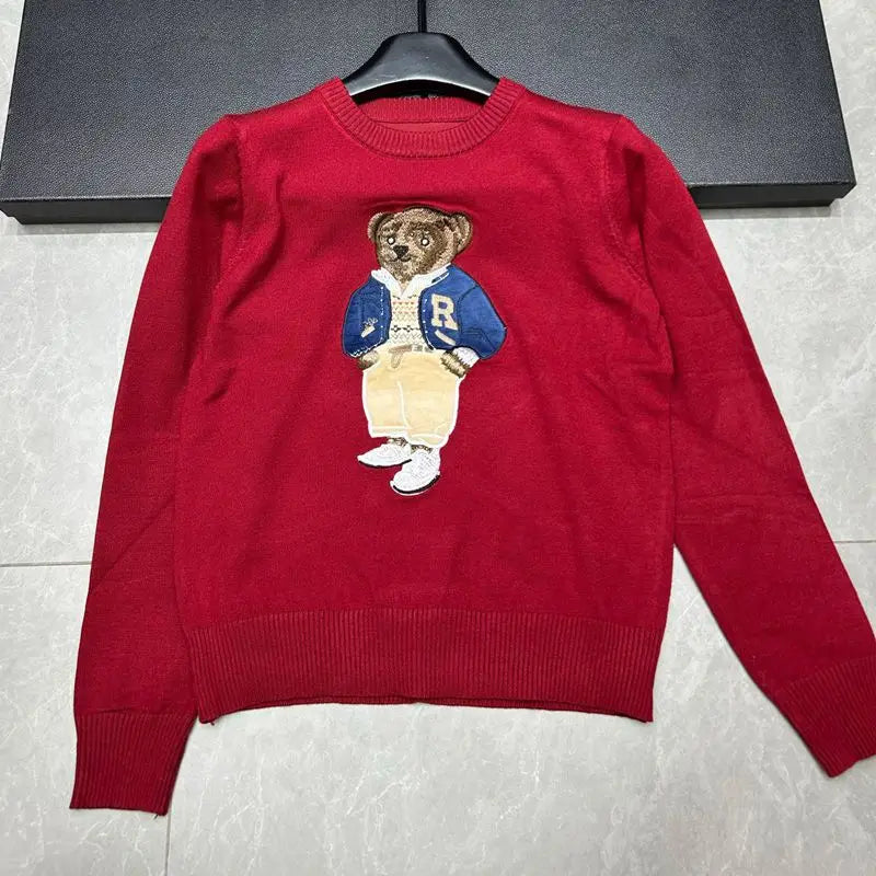 European Style Luxury Brand Loose O-Neck Bear Pullover Tops Knitwear Woman Short Sleeve T-shirt Ladies Wool Knitted Sweater