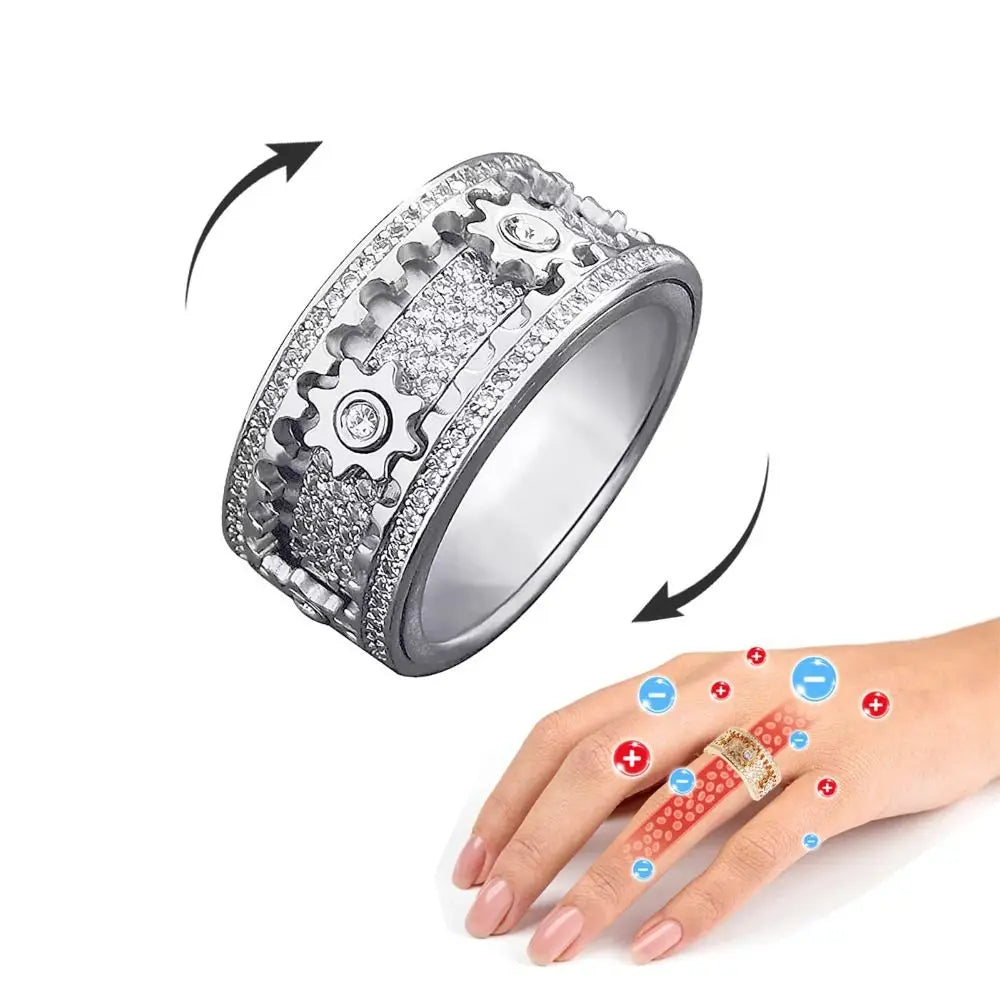 Handmade Diamond Ornate Geometric 3D Band Ring Gear Spinner Rings Rotating Mechanical Decompression Anxiety Ring for Women Men