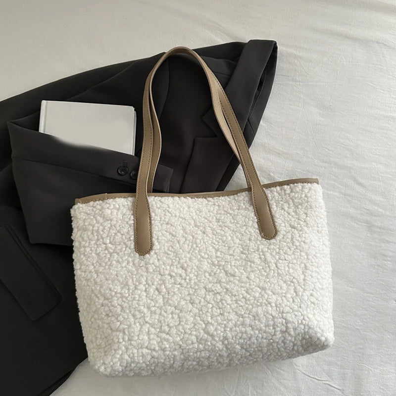 Soft Handbag Large Capacity Fall Winter Shoulder Bag Women Lamb Wool Tote Bag Zipper Closure Casual Shopping Traveling Tote