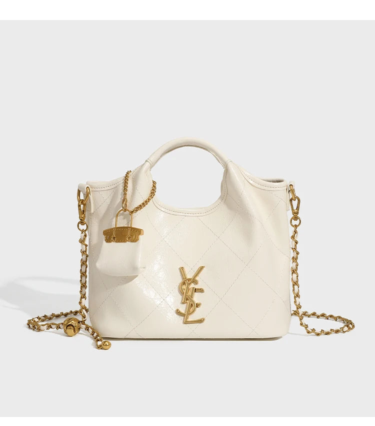 Premium handbag with diamond grid embroidery thread, large capacity vegetable basket bag, chain bar crossbody bag