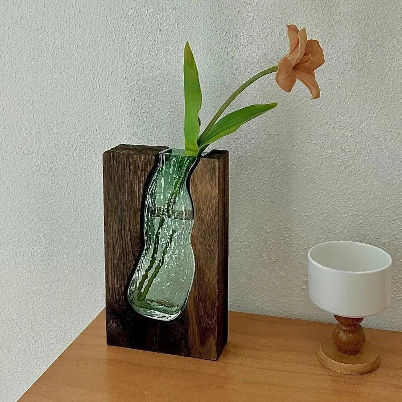 Green Glass Vase with Solid Wood Base Wabi-Sabi Style Rustic Floral Display Jar for Chinese New Year Entryway Flower Decoration