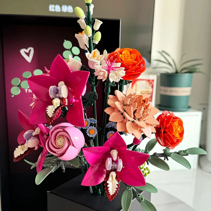 Creative Beautiful Zinfandel Bouquet Building Blocks Pretty Pink Flower Home Desktop Decoration Toy Gift For Girl Kid Girl Adult