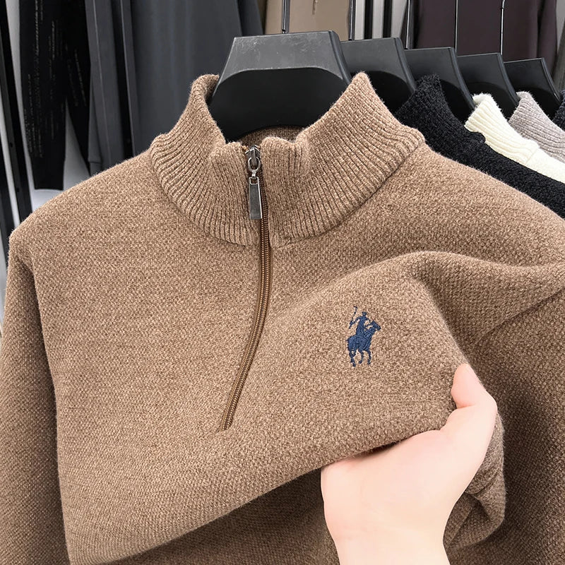 Luxury Quality Men Long-Sleeved Knitwear Mock Neck Half-Zip Thicken Horse Embroidery Spring New Pullover Fashion Casual MensWear