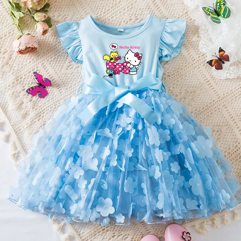 Hello Kitty Girls Summer Dress Cartoon Bow Tutu Dress 3D Butterfly Cute Cotton Party Casual Dress for Baby 2-6 Years