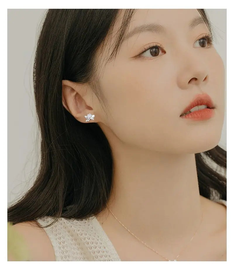 YILUOCD 925 Sterling Silver Lotu Flower Stud Earrings Vintage Tassel  Flower Earrings for Women Cute Sweet Irregular Jewelry