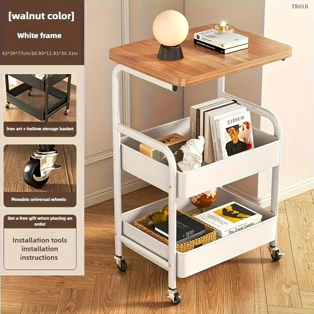 3-Tier Rolling Cart with Tabletop, Metal Tool and Snack Rack with Storage, Durable Carbon Steel Frame, Wheels for Easy Mobility