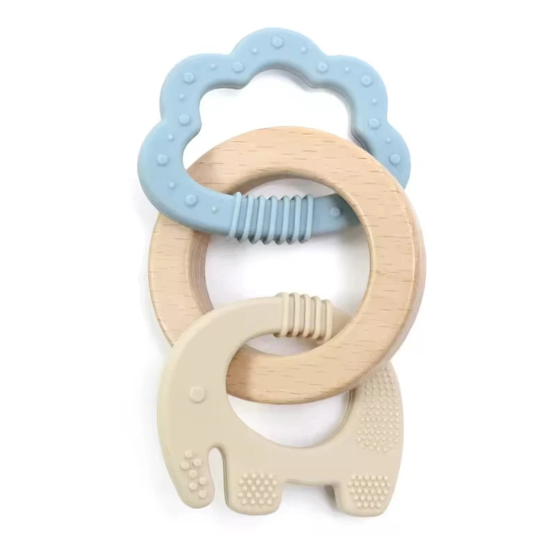 Baby Teething Toys Silicone Wooden Ring Teether BPA Free Cute Elephant Babies Chew Toy for Boys and Girls Newborn Gifts