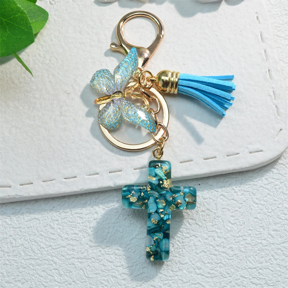 Exquisite Cross Butterfly Keychain Cute Resin Christian Cross Key Ring Purse Bag Pendant Car Key Accessories Women Party Gift