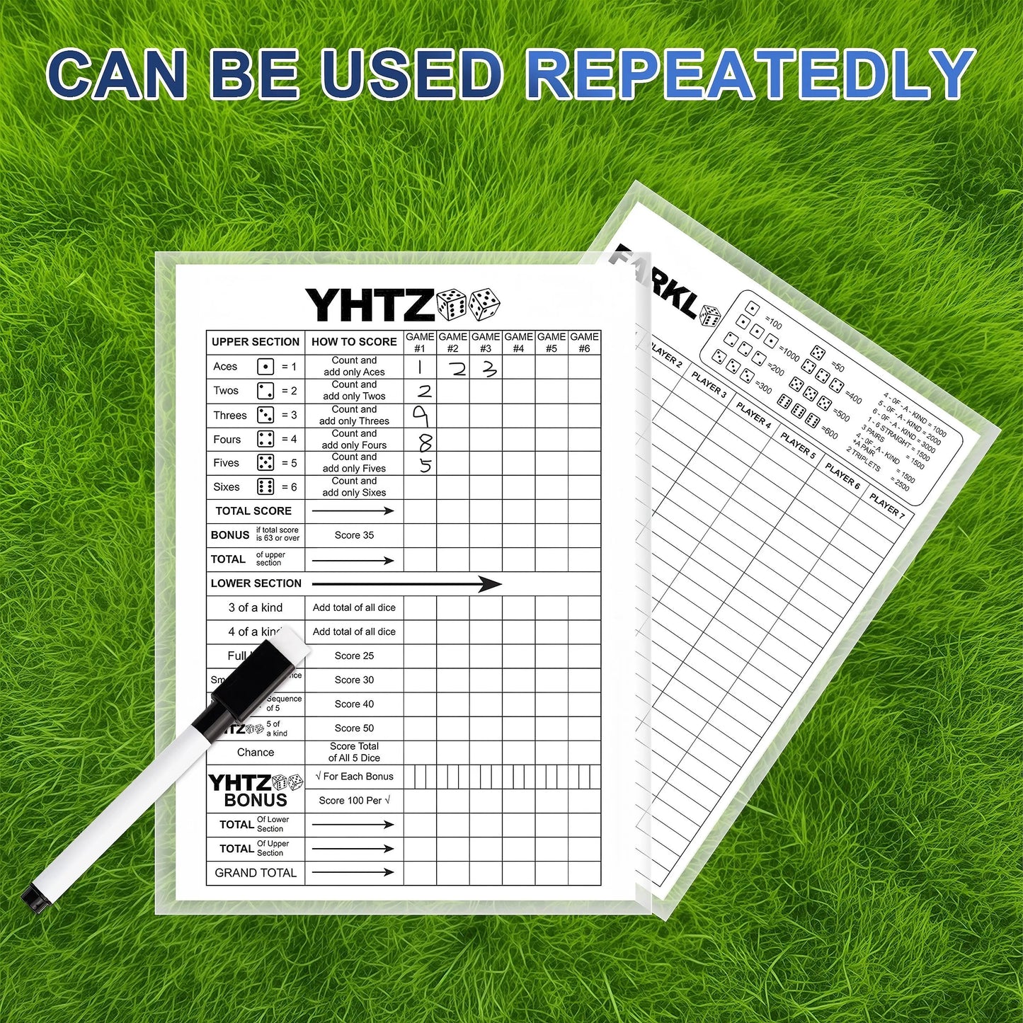 LaminatedYardzee Score Card with Rules,Reusable,Dry Erase Score Sheet for Giant Outdoor Dice Games,Jumbo Score Sheet for Yahtzee