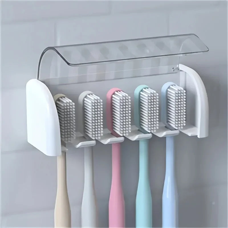 A covered 5-slot toothbrush holder, self-adhesive wall toothbrush storage rack, plastic bathroom supplies