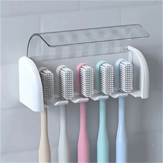A covered 5-slot toothbrush holder, self-adhesive wall toothbrush storage rack, plastic bathroom supplies