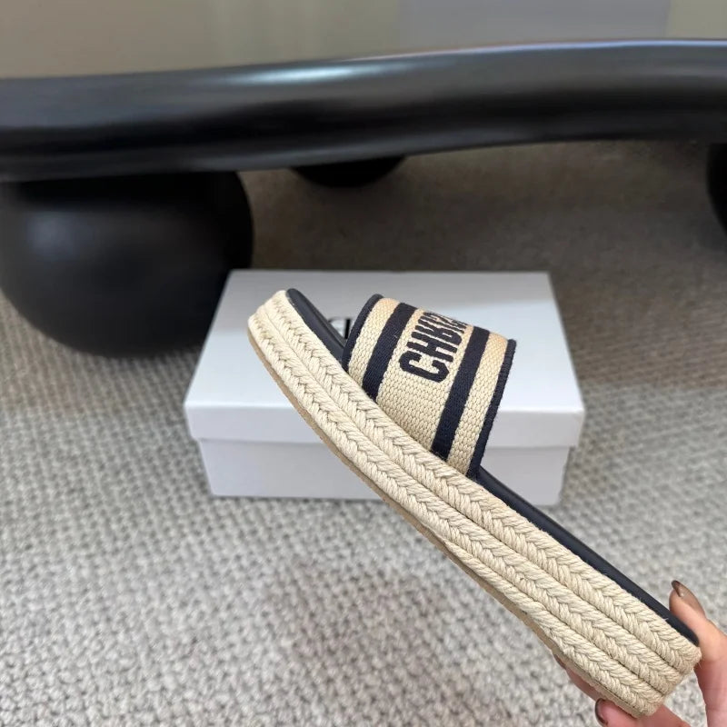 Women's Thick Bottom Slip-On Summer Shoes Embroidered Letter Casual Sandals High Heel Increase Depth Rubber Sole Shoes