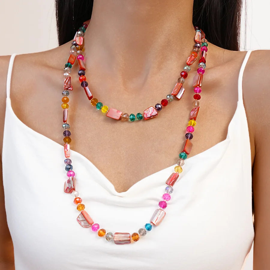 Boho Double-layer Shell Long Necklace for Women Vintage Irregular Beads Necklace Female Summer Vacation Jewelry Holiday Gifts