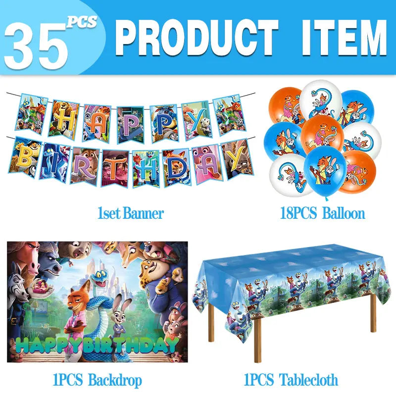 Disney Zootopia Birthday Party Decorations Supplies Judy Nick Tableware Tablecloth Balloon Zootropolis‌ Happy Birthday Plate Kit