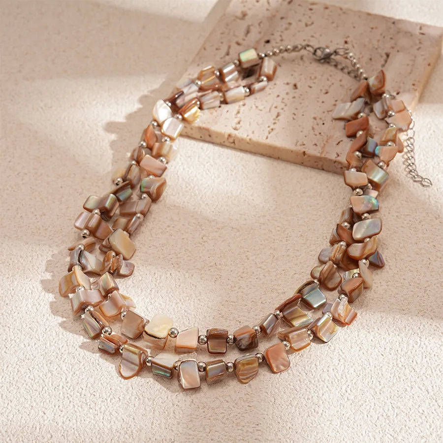 Boho Double-layer Shell Long Necklace for Women Vintage Irregular Beads Necklace Female Summer Vacation Jewelry Holiday Gifts