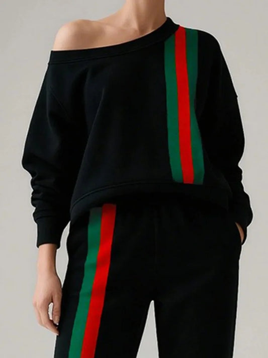 Onecozyday 2025 Autumn Stylish Cold-Shoulder Pullover for Women Contrast Color Striped Long Sleeves Loose Fit Shirt Top