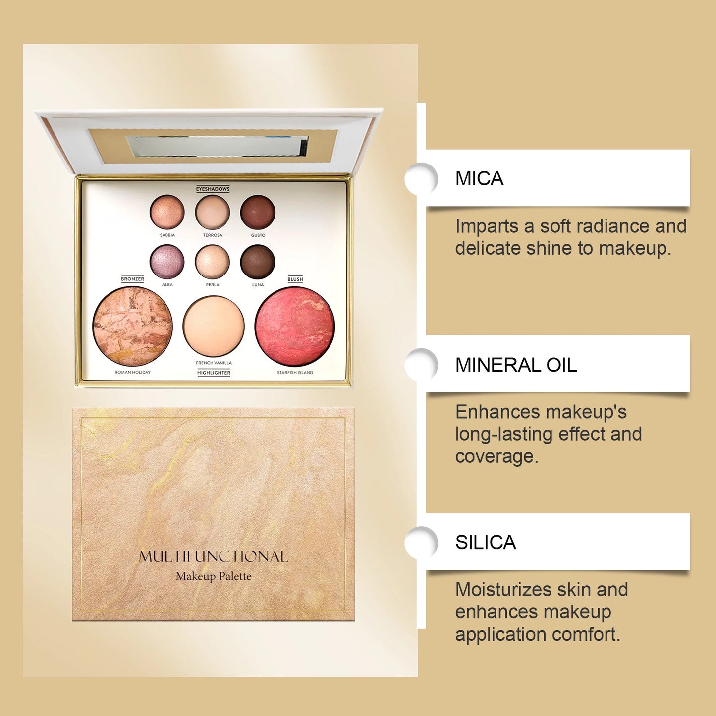 Multicolor Baked Powder Makeup Set Waterproof Brightening Setting Concealing Smudge Proof with 3 Pcs Brushes Valentine's Day Gif