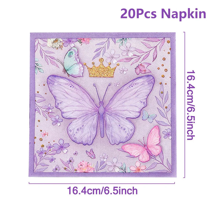 Purple Butterfly Party Decoration Disposable Paper Plates Napkins Cups Straw Tableware Set for Butterfly Birthday Party
