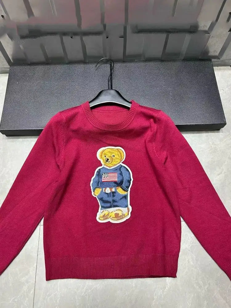 High Street Luxury French Ladies Embroidery Bear Knitted Pullover Sweater For Women Fashion Casual Knitwear Tops Pull Femme