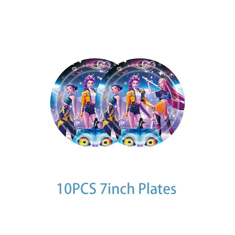 New Anime Kpop Demon Hunters Birthday Party Decorations Set Kpop Theme Cup Plate Gift Bags Balloons Banner Supplies Girls Favors