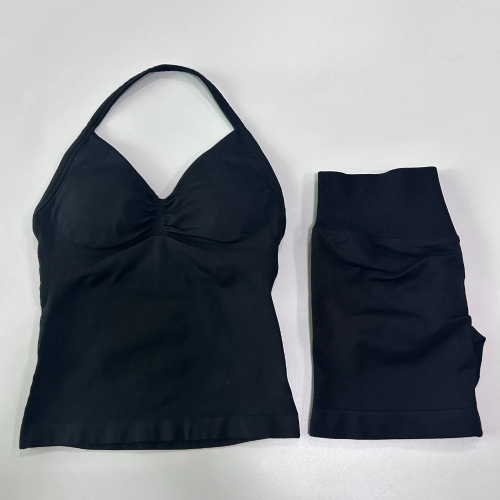 2Pcs Gym Set Women Backless Tank Tops High Waist Scrunch Seamless Shorts