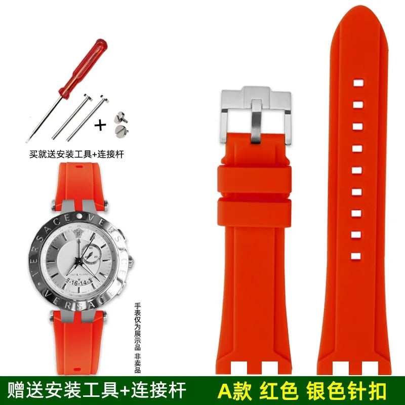 Rubber Watch Band For Versace V-RACE DUAL Series Strap Silicone Watch Accessories 24mm Waterproof Belt Notch Special Concave