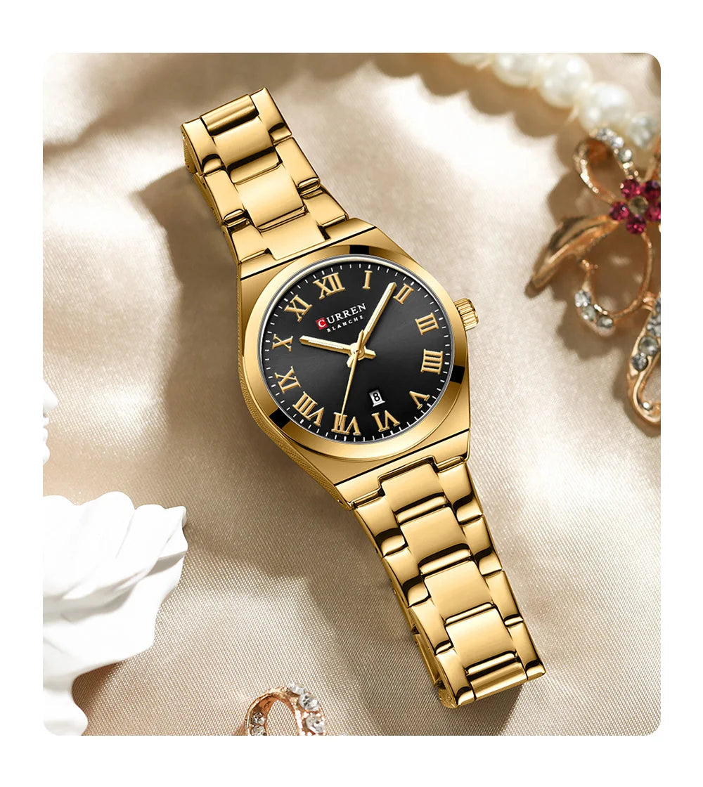 CURREN Fashionable Quartz Watches for Women Roman Numerals Simple Elegant Stainless Steel Braclete Ladies Wristwatch