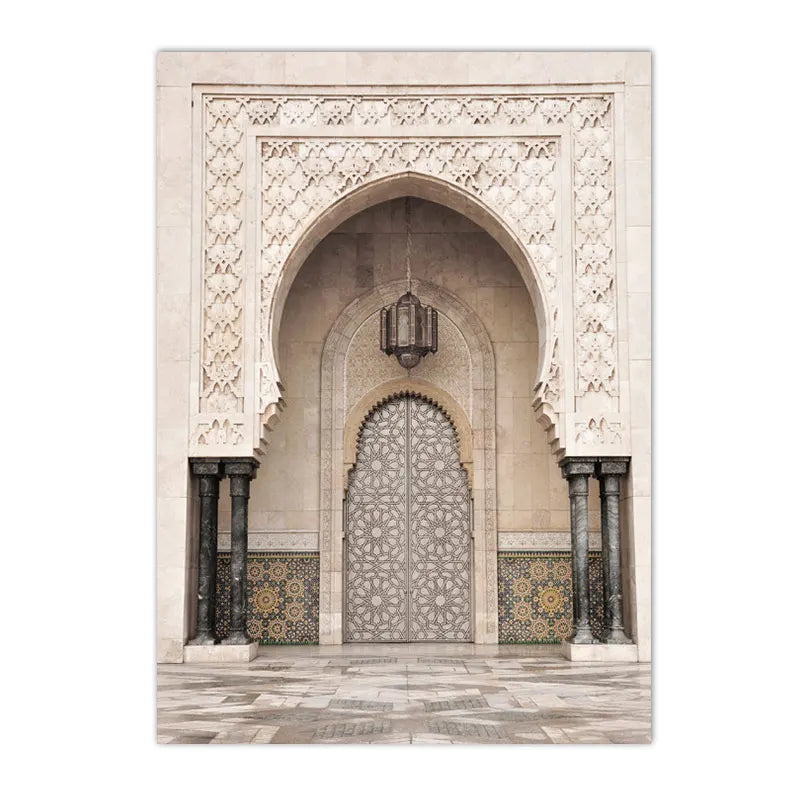 Morocco Architecture Islam Canvas Art Print Beige Flower Palm Tree Painting Ayatul Kursi Muslim Poster Wall Pictures Home Decor