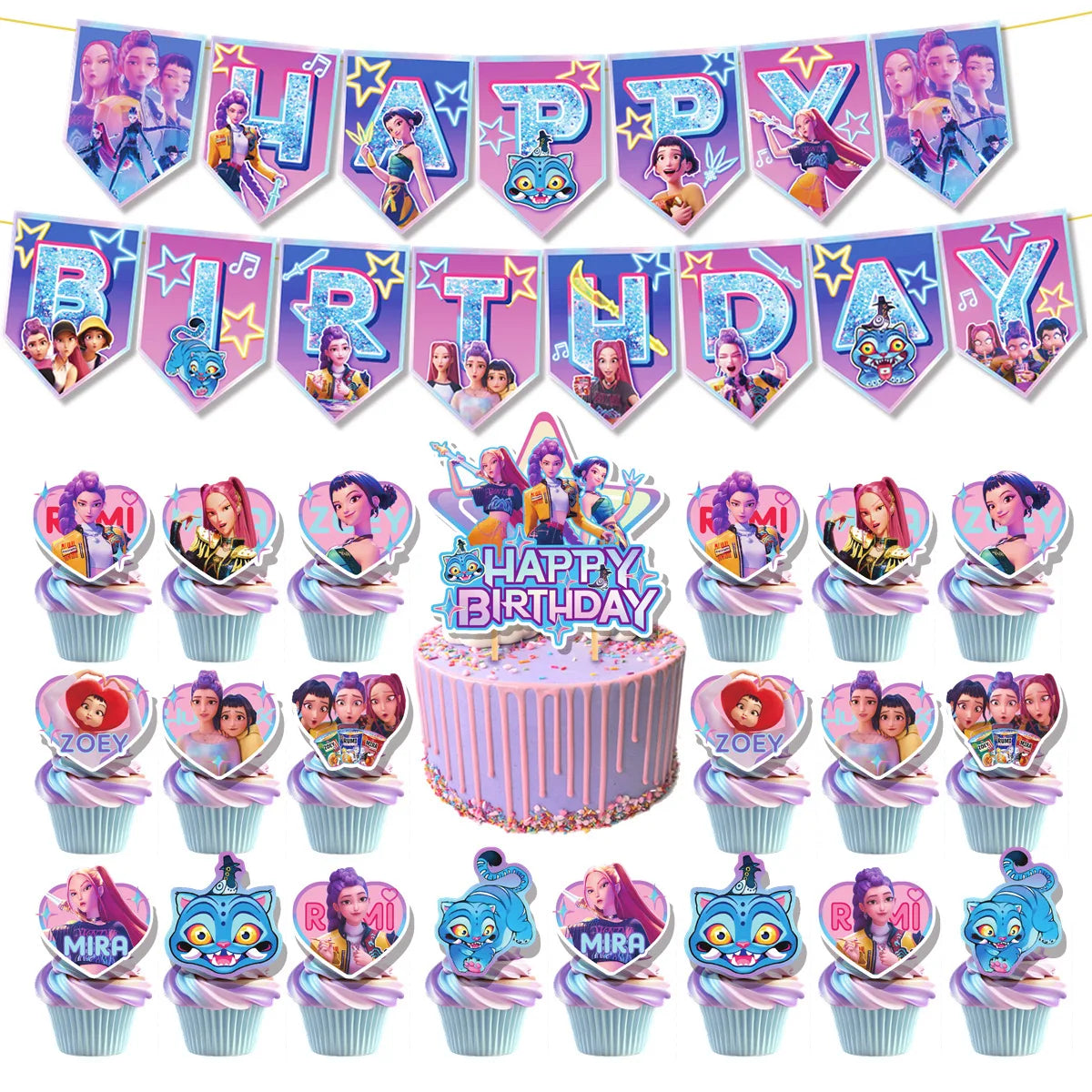 Cartoon Girl Hunters Disposable Party Tableware Banners Balloons Birthday Decoration Cake Topper Insert for Baby Shower