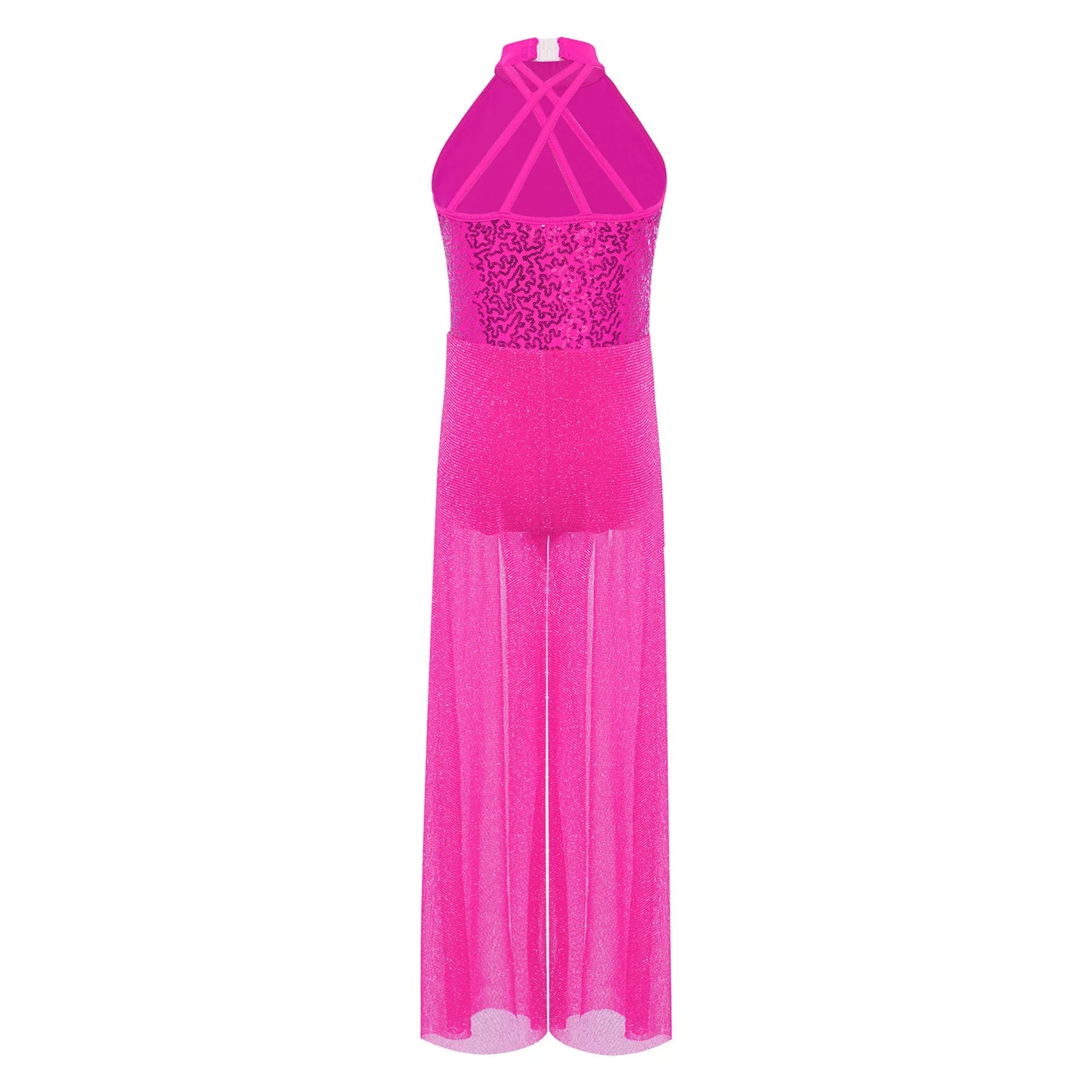 Children Girls Modern Lyrical Dance Jumpsuit Sleeveless Shiny Sequin Mesh Split Ballet Figure Skating Gymnastic Leotard Bodysuit