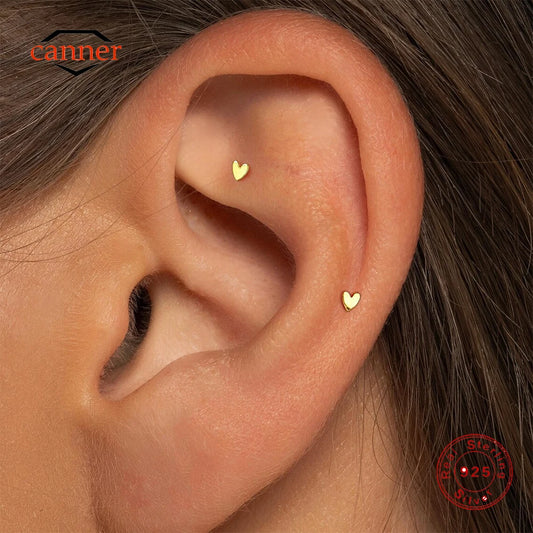 CANNER 1PC 925 Sterling Silver Smooth Love Butterfly Back Stud Earrings For Women Ins 18K Gold Plated Heart-Shape Earrings Gift