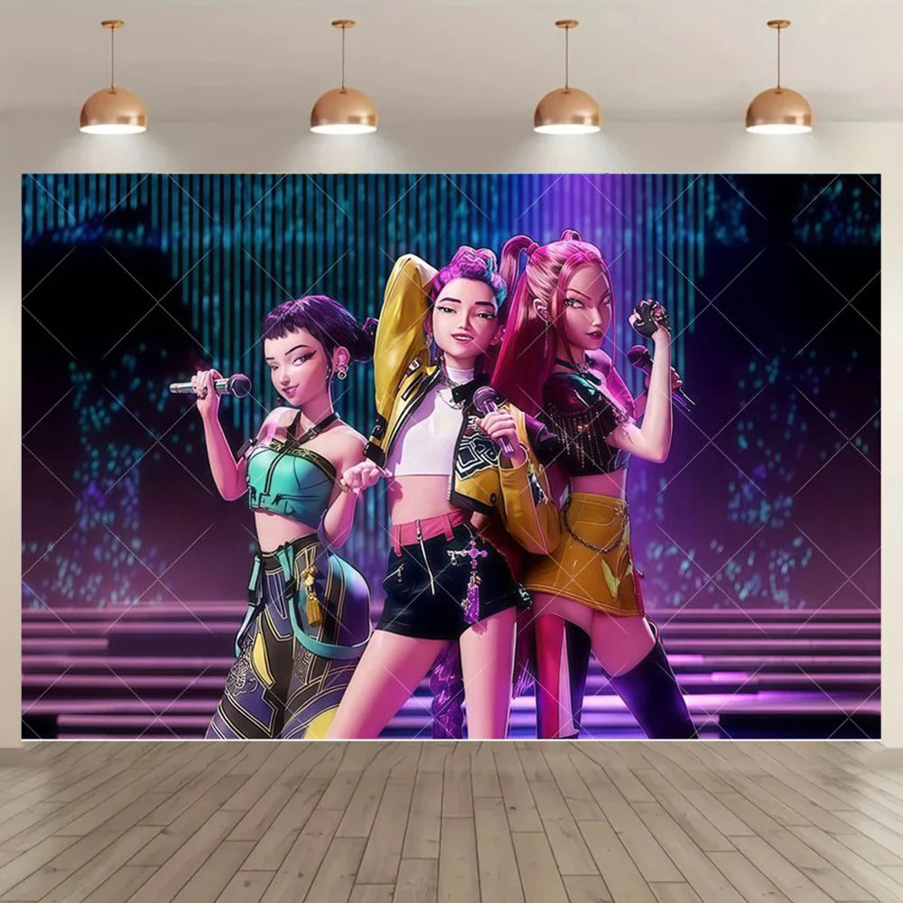 Adult Children's Birthday Party Decorations Background Hot KPop Girl Demon Hunters Backdrop Baby Shower Banner Photo Booth Props