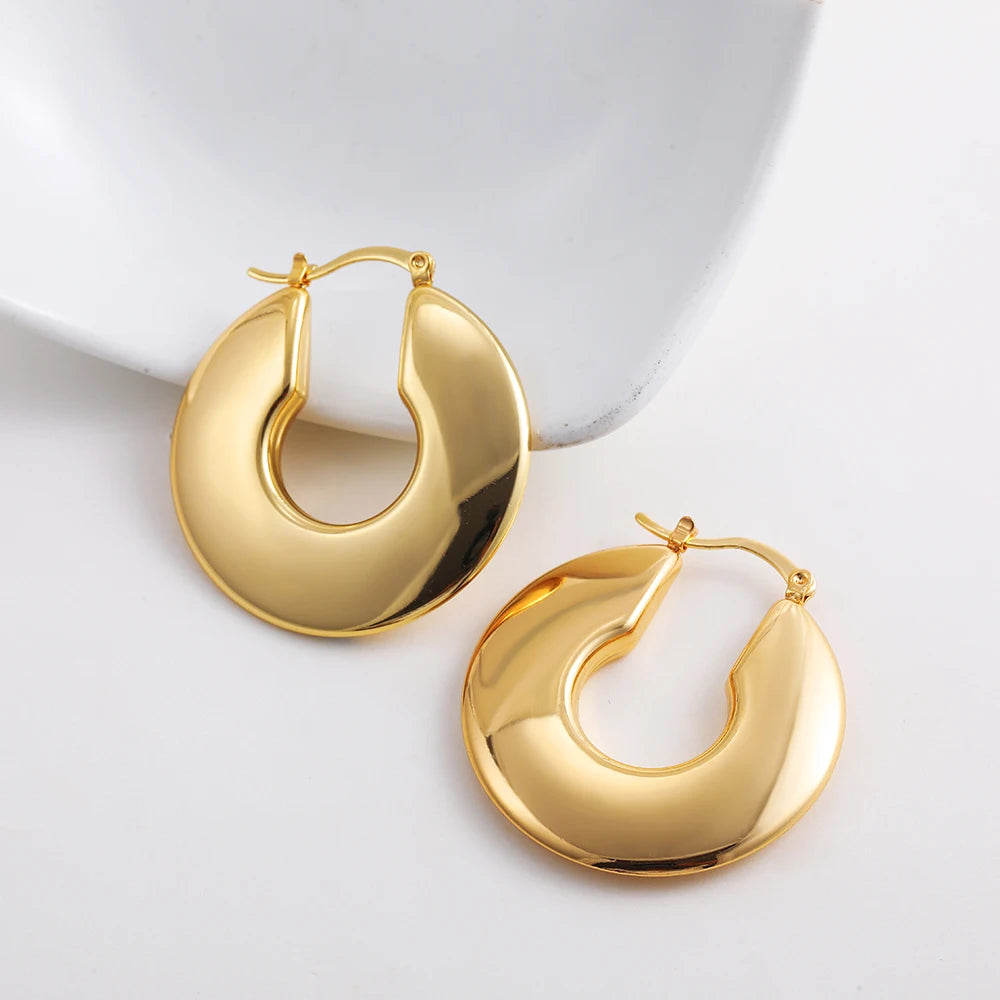 Fashion Glossy Stainless Steel Chunky Hoop Earrings for Women Gold Plated Thick Texture Geometric Circle Earring Vintage Jewelry