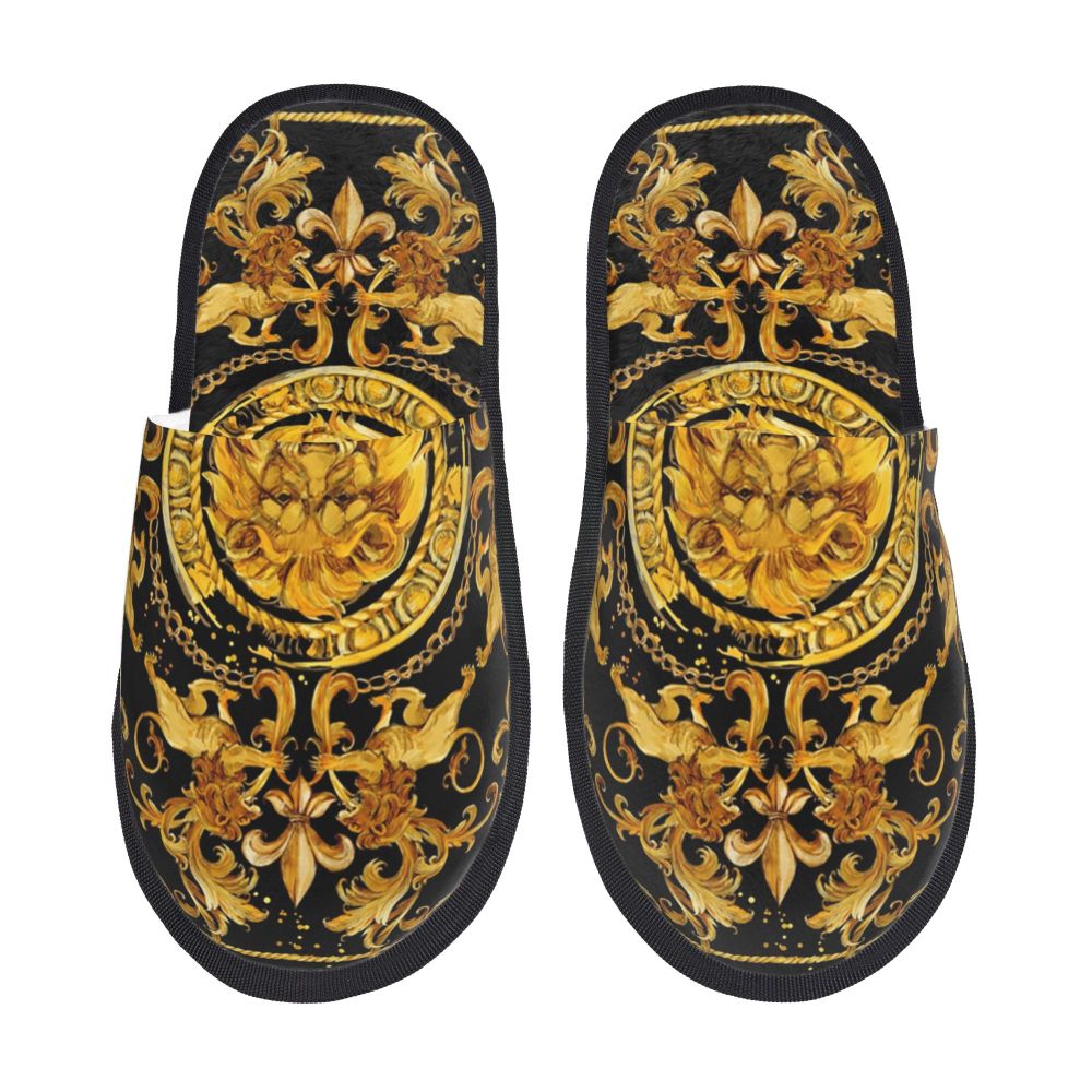 Custom Vintage Baroque Prints Greek Ornament Golden Meander Meandros Soft Scuff Memory Foam Slippers Women Hotel House Shoes