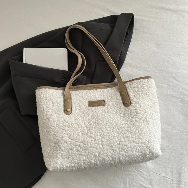 Soft Handbag Large Capacity Fall Winter Shoulder Bag Women Lamb Wool Tote Bag Zipper Closure Casual Shopping Traveling Tote