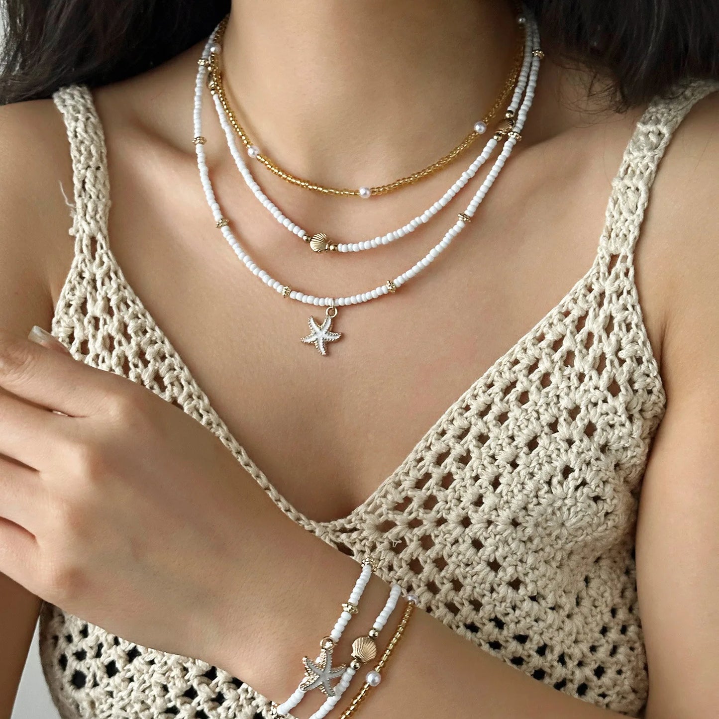 Vintage Women's Multi-layer Stacked Handmade Seed Bead Choker Trendy Starfish Shell Pendant Necklace Summer Beach Party Jewelry