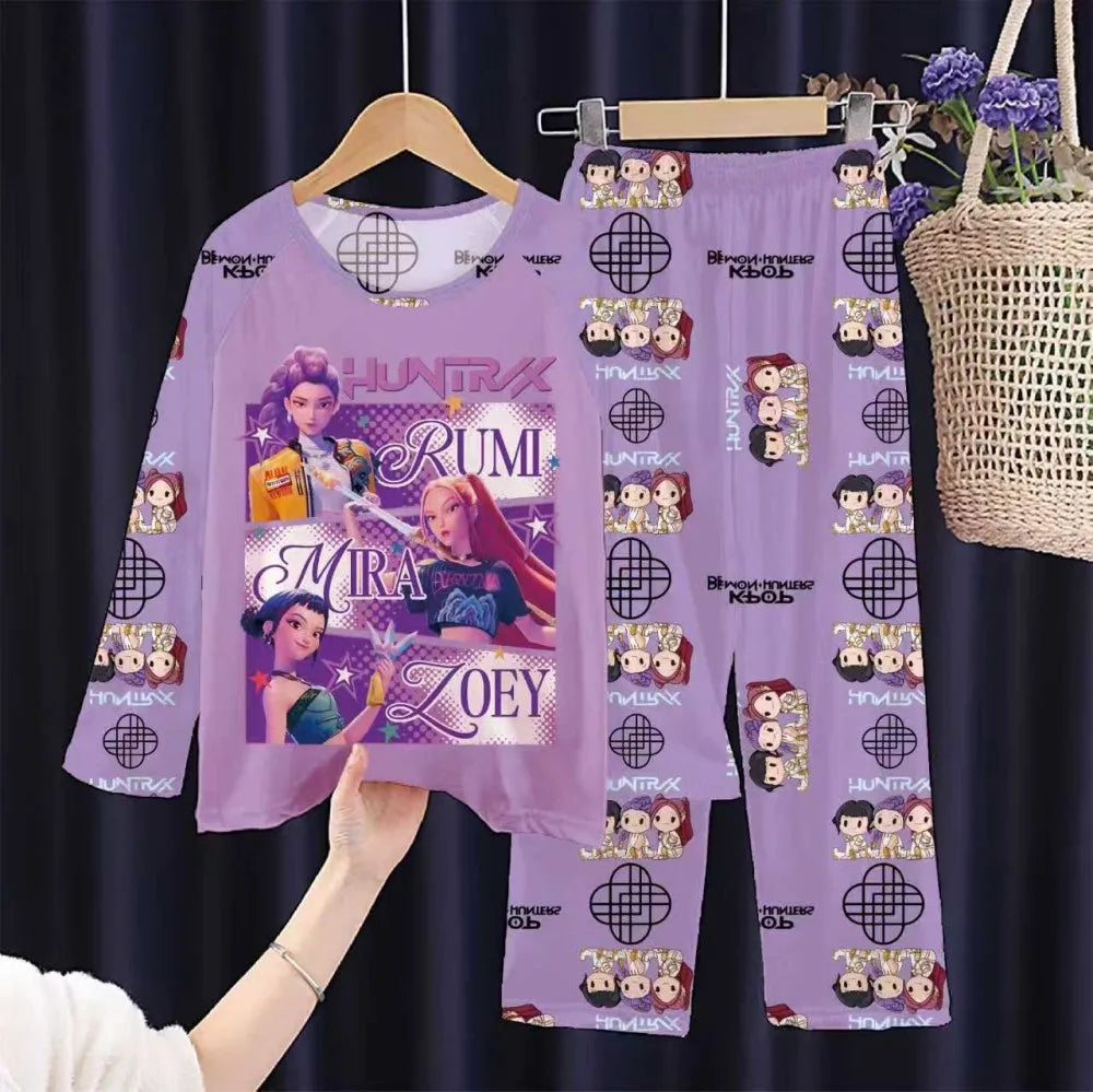 KPop Demon Hunters Huntrix Kids Pajamas Set Long Sleeve Girls Clothing 2pcs Children's Sleepwear Cartoon Boys Nightwear 3-14Y