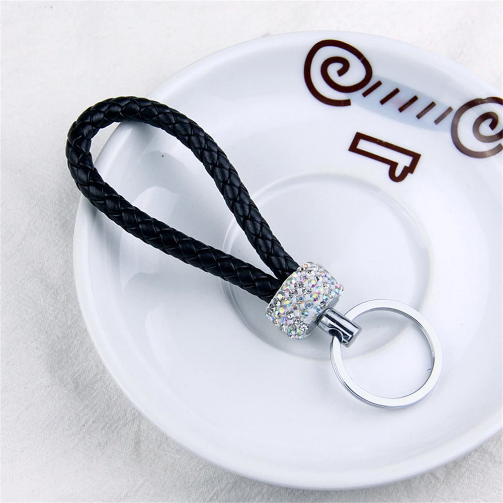 Creative Hand Woven Leather Car Keychain With Diamond Women Men Wallet Backpack Charm Bling Crystal Rope Keyring For Couple Gift