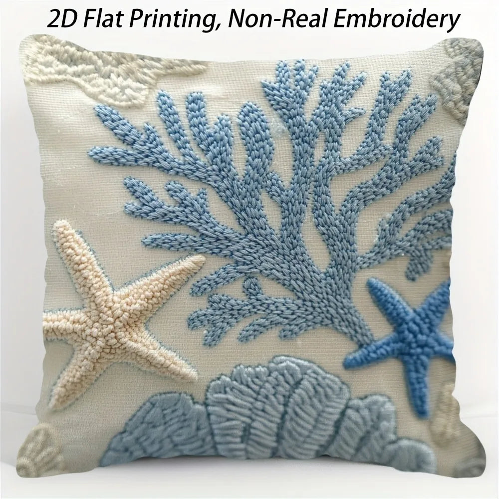 Coastal Coral Starfish Pillow Cover 2D Faux Embroidery Print Nautical Ocean Beach Cushion Case for Sofa Bed Couch Summer Home