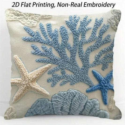 Coastal Coral Starfish Pillow Cover 2D Faux Embroidery Print Nautical Ocean Beach Cushion Case for Sofa Bed Couch Summer Home