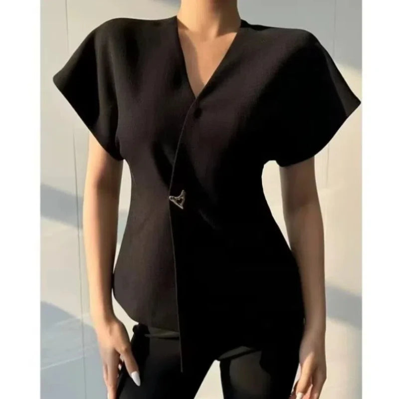 Summer Women's Clothing Solid Color Button Short Sleeve Rivet Cardigan T-shirt Casual Elegant All-match Office Lady Korean Tops