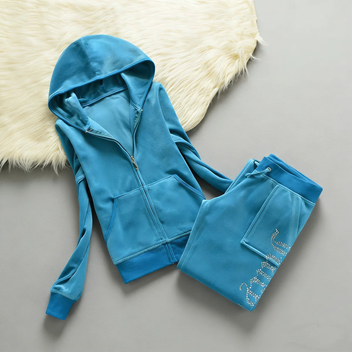 Y2K Women's Velvet Tracksuit 2 Piece Set Rhinestone Crown Print Hoodie + Straight Pants Slim Fit Loungewear Multiple Colors