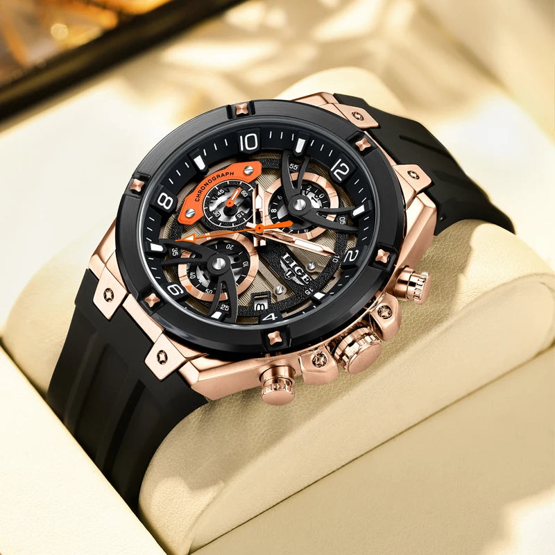 LIGE Luxury Military Men Watch Waterproof Luminous Date Sport Man Wristwatch Chronograph Silicone Strap Quartz Men's Watches