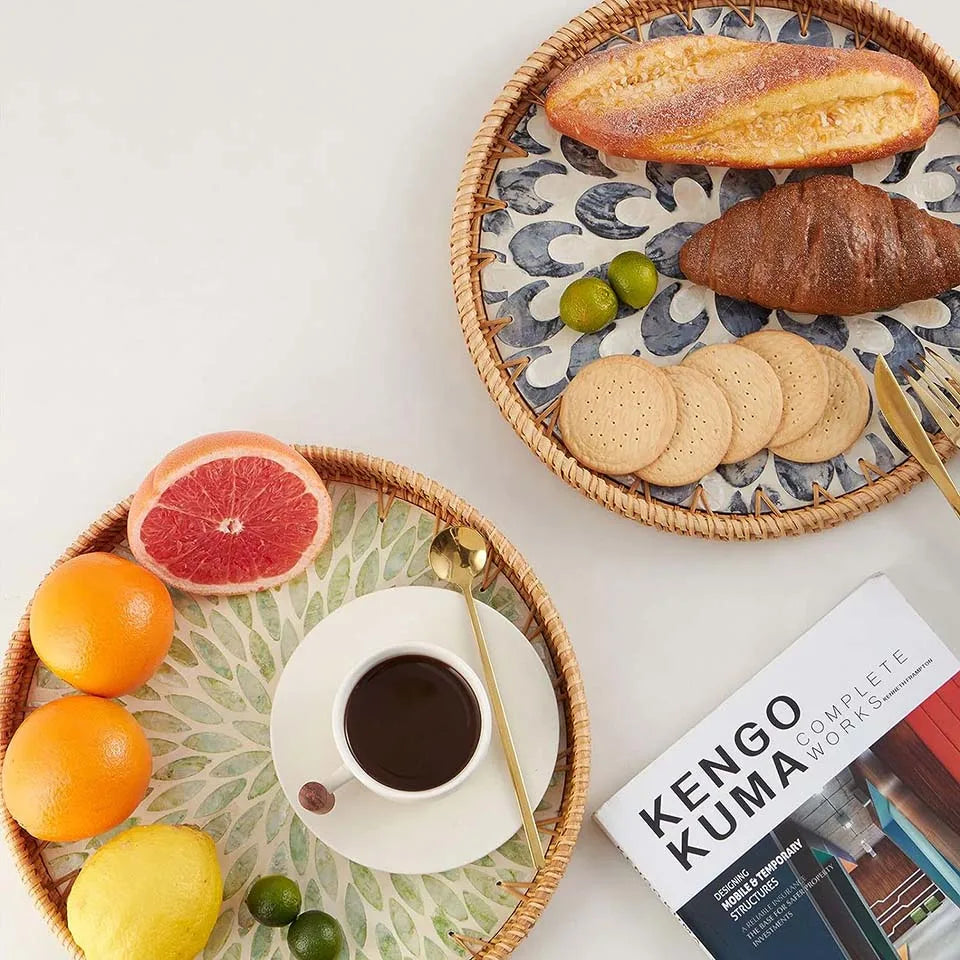 Round Rattan Tray with Mother of Pearl Inlay Rattan Serving Tray Wooden Base Storage and Display of Coffee Bread Food Fruit