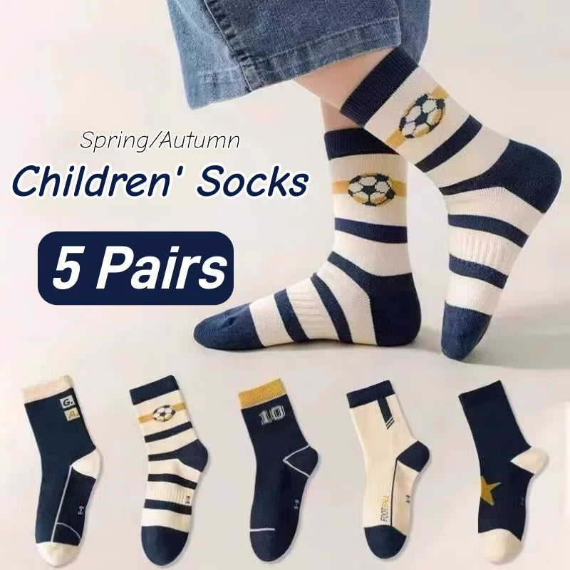5 Pairs Children's' Socks Spring Autumn Cotton Socks Kids Striped Football Pattern Sock 1-14T Boys Mid-calf Length